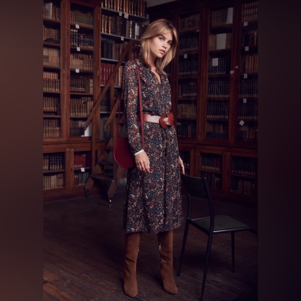 Sezane clemence Midi-length dress printed black foliage sz 38